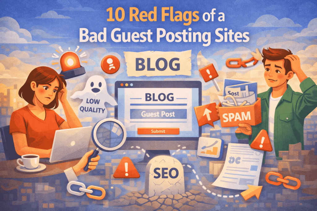 Illustration showing red flags of bad guest posting sites, with worried marketers reviewing a blog, spam warnings, broken links, low-quality signals, and damaged SEO icons highlighting risky guest post opportunities.