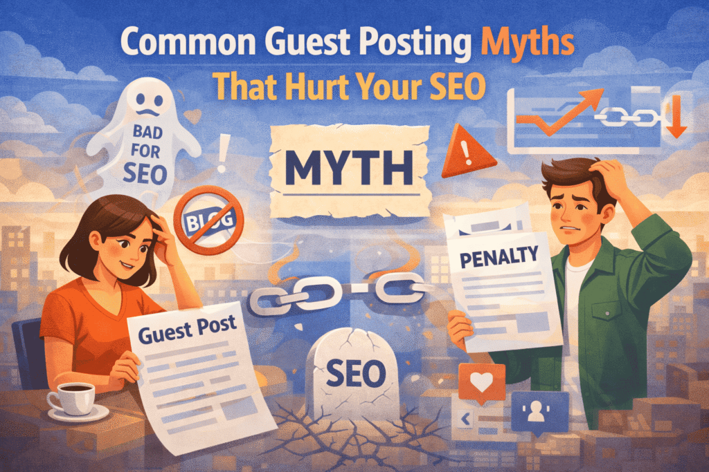 Illustration highlighting common guest posting myths that harm SEO, showing confused marketers holding guest post and penalty papers, broken links, warning icons, and a damaged SEO symbol in the background.