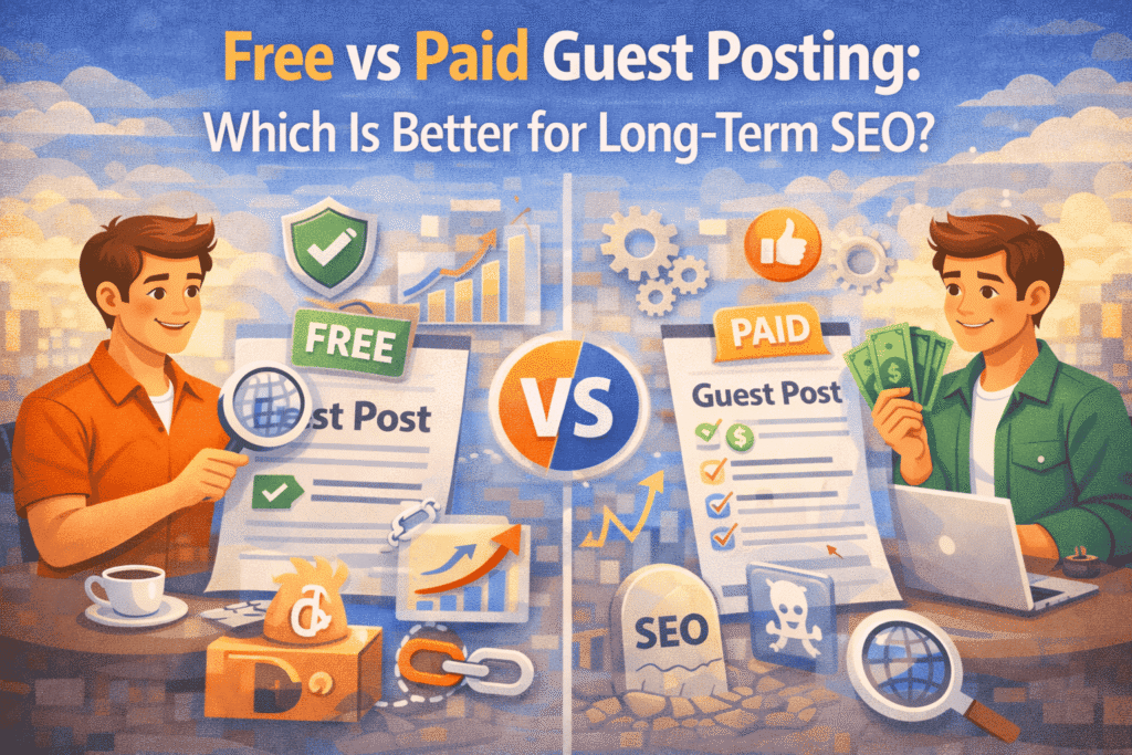 Split-screen illustration comparing free vs paid guest posting for long-term SEO, showing marketers analyzing free and paid guest post options with SEO charts, link icons, and performance indicators.