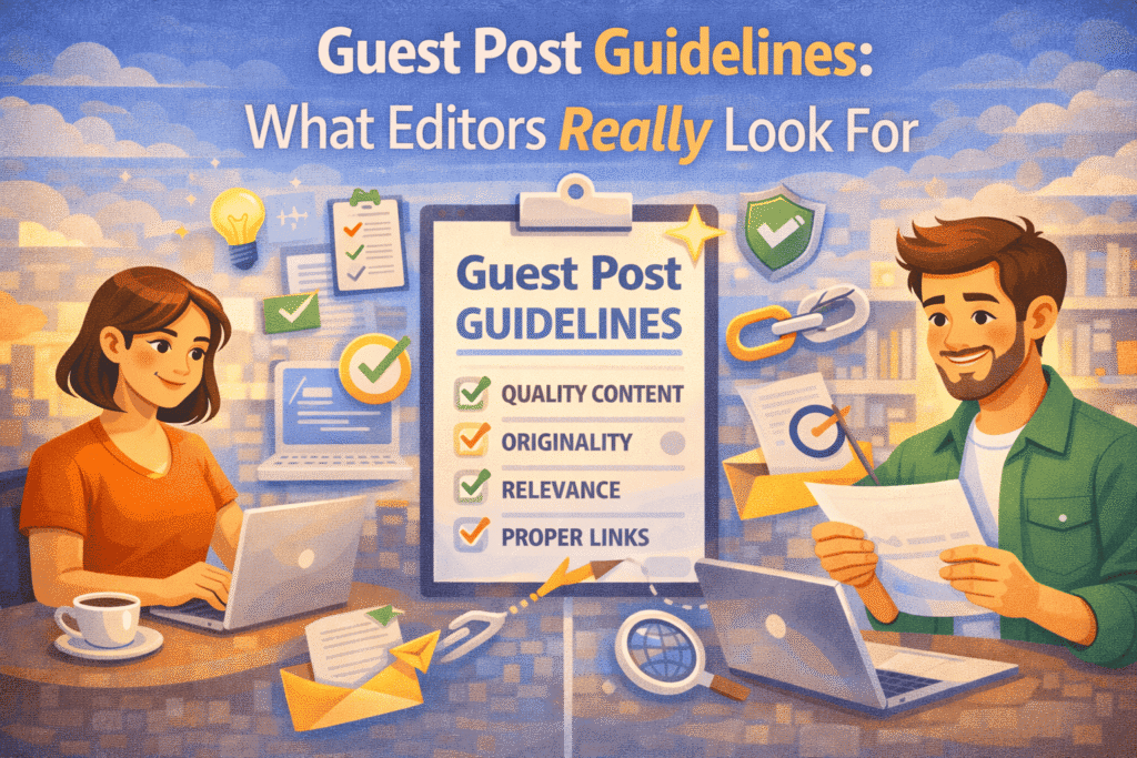 Illustration showing guest post guidelines editors look for, with a writer submitting content and an editor reviewing it beside a checklist highlighting quality content, originality, relevance, and proper links.