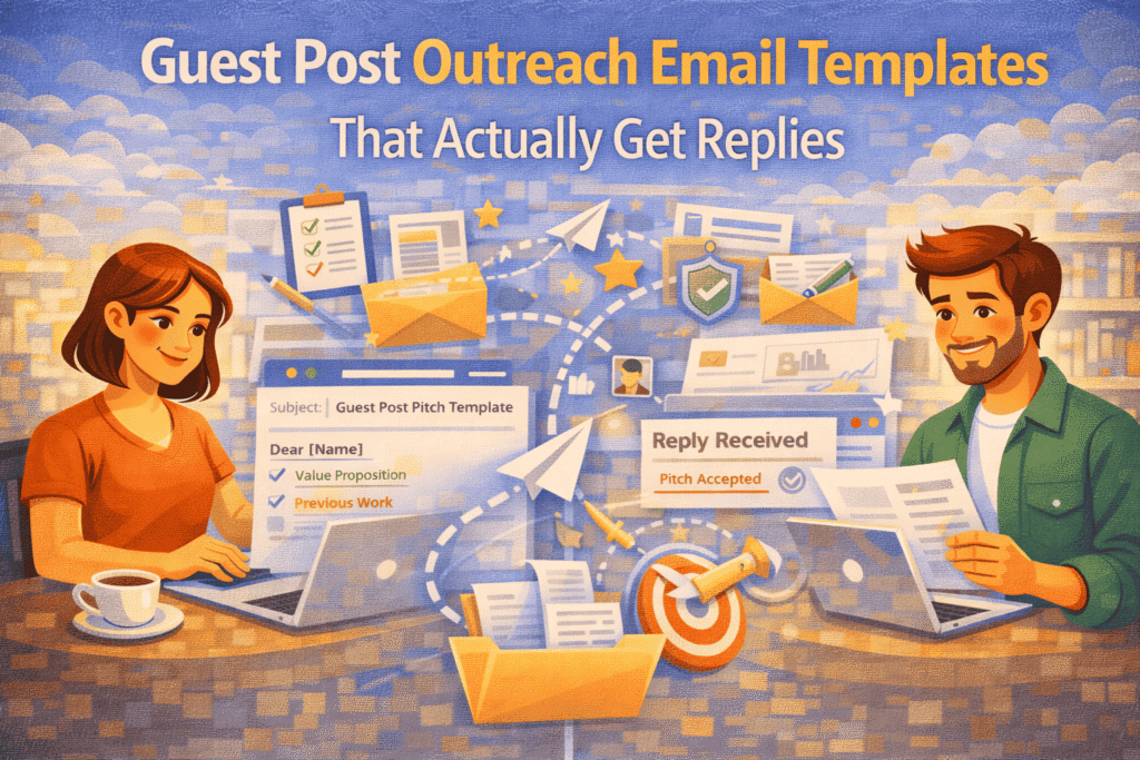 Illustration showing guest post outreach email templates that get replies, with two marketers sending and receiving guest post pitches, email icons, paper airplanes, checklists, and “pitch accepted” confirmations representing successful outreach.