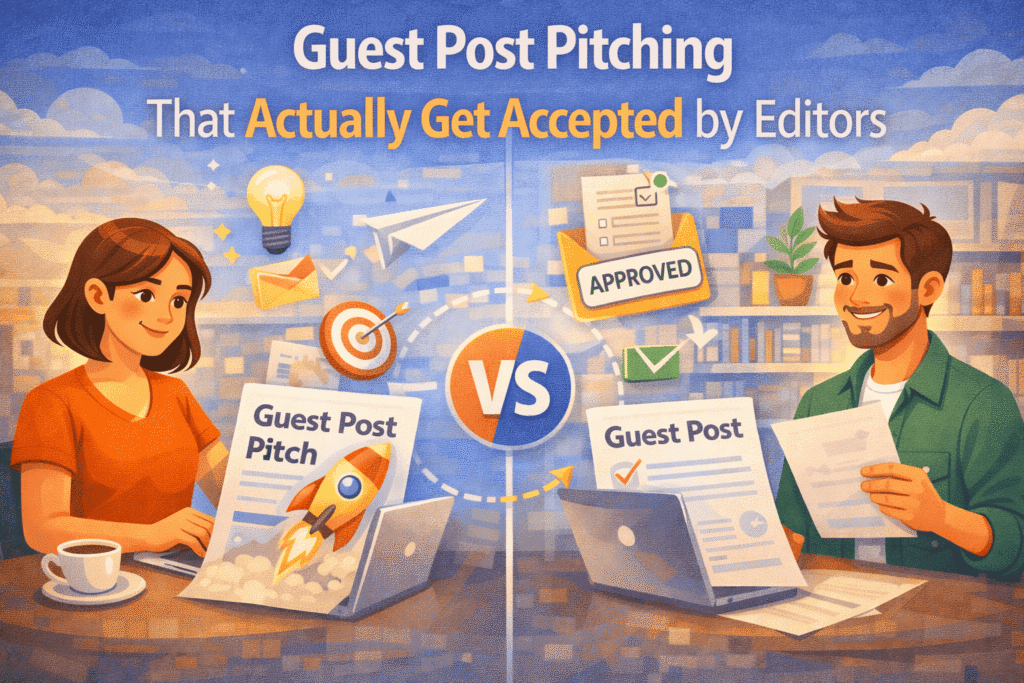 Illustration showing a successful guest post pitching process, with a writer sending a guest post pitch and an editor reviewing and approving it, highlighted by email icons, target symbols, and an “approved” stamp.