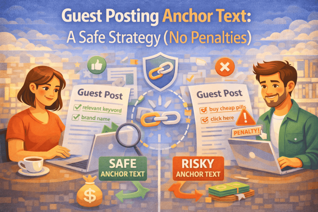 Illustration comparing safe vs risky anchor text in guest posting, showing marketers reviewing guest posts on laptops, a shield and link icons for safe practices, and warning symbols highlighting penalty risks.