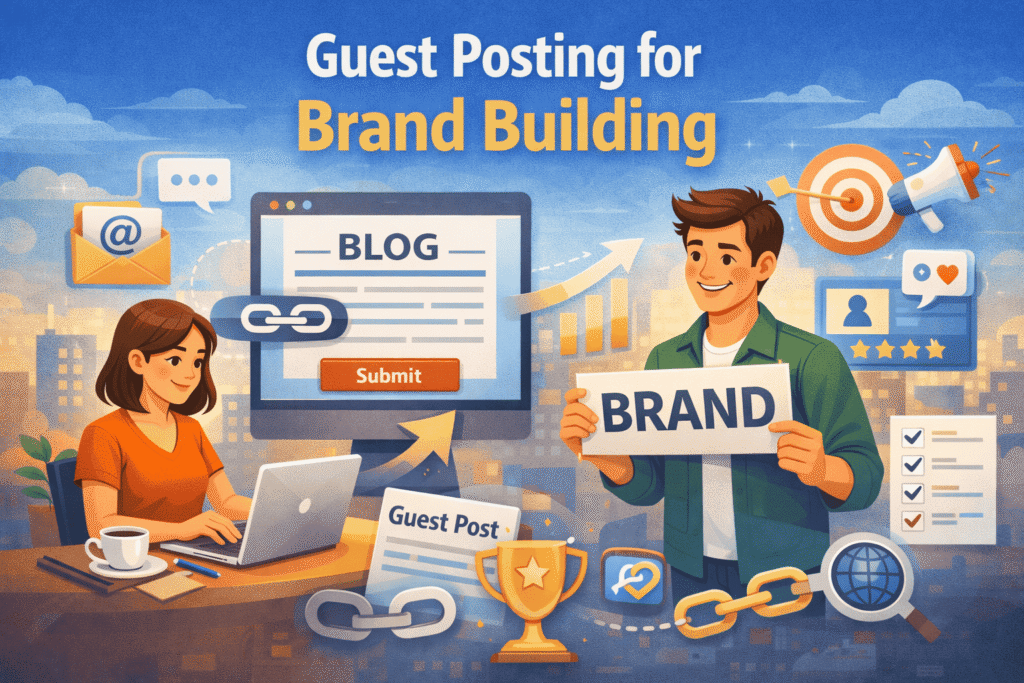Illustration showing guest posting for brand building, with a blogger submitting a guest post on a computer and a marketer holding a “Brand” sign, surrounded by icons for authority, trust, and online growth.