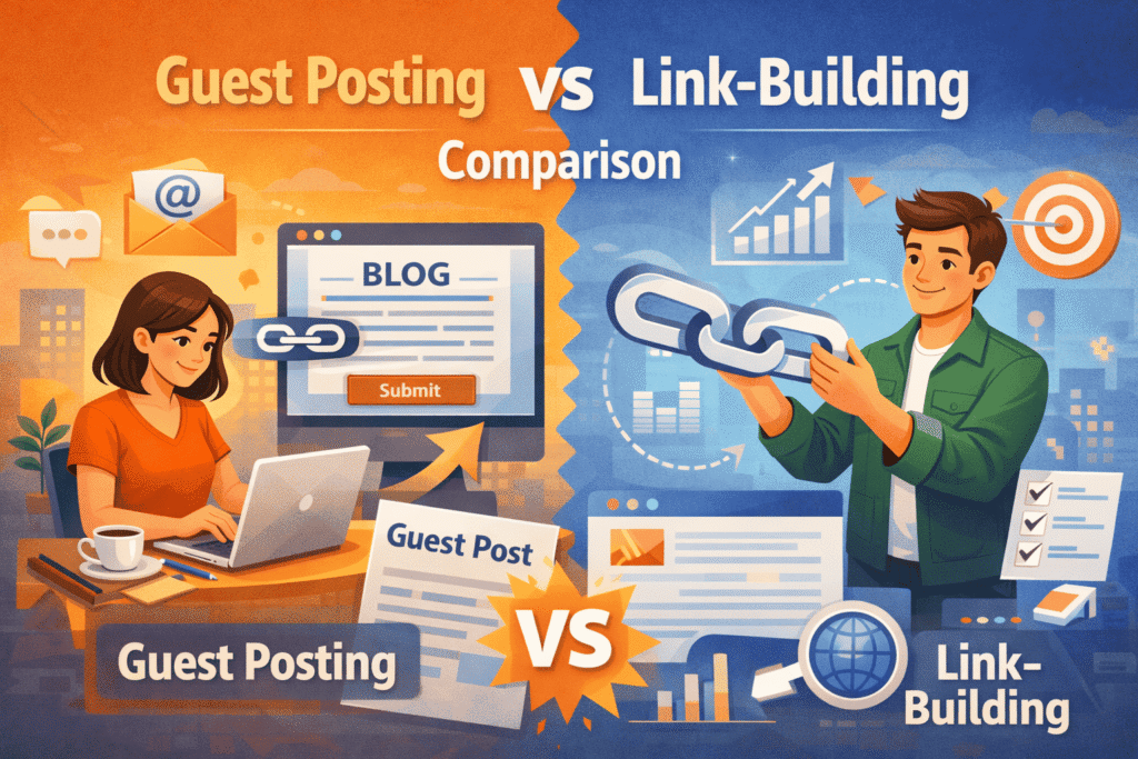 Split-screen illustration comparing guest posting and link-building strategies, showing a blogger submitting a guest post on one side and a marketer holding chain links and SEO growth charts on the other.