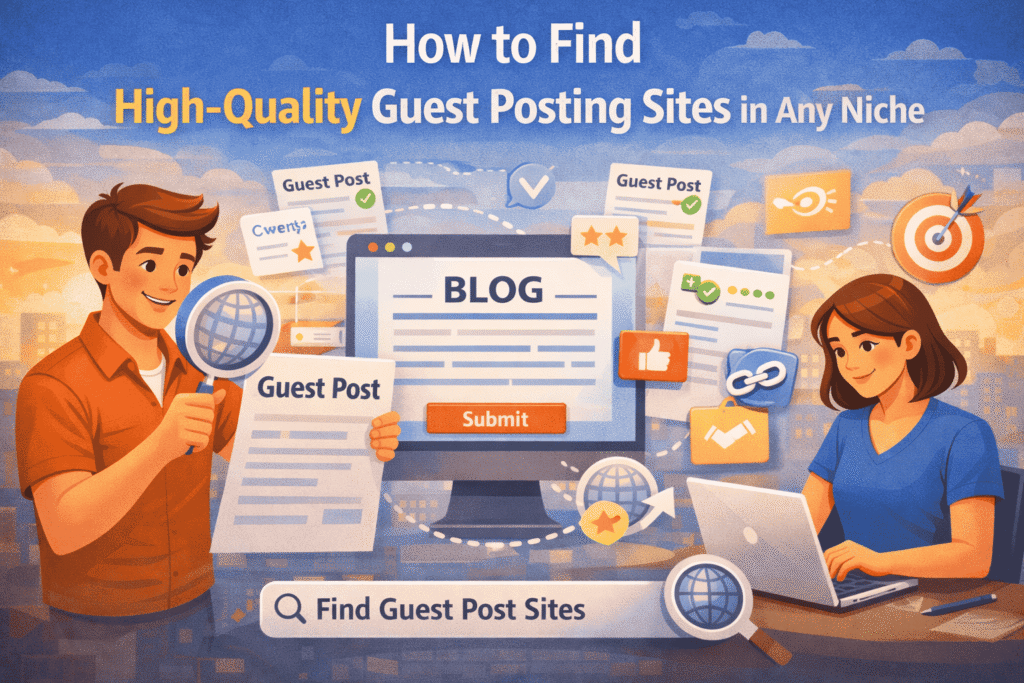 Illustration showing how to find high-quality guest posting sites, with marketers reviewing guest post opportunities using a magnifying glass, blog screens, checkmarks, and SEO icons across different niches.