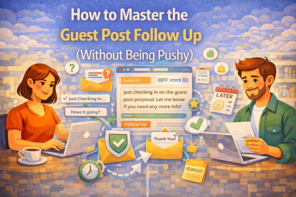 Illustration showing how to master guest post follow-up without being pushy, with marketers sending polite follow-up emails, reminder notes, checkmarks, and communication icons representing respectful and effective outreach.