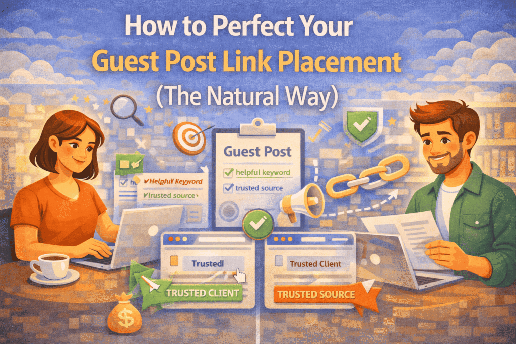 Illustration showing natural guest post link placement, with two marketers working on laptops, checklists and link icons highlighting helpful keywords, trusted sources, and safe, organic link-building practices.