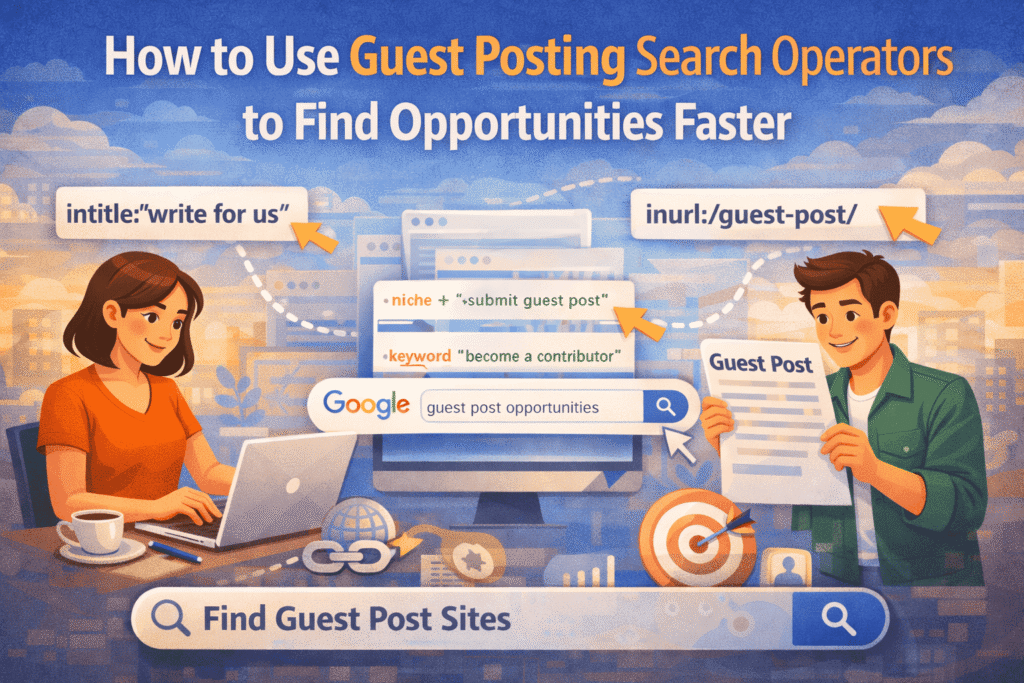 Illustration showing how to use guest posting search operators, with marketers searching on Google using queries like “write for us” and “guest post,” surrounded by browser windows, SEO icons, and a guest post document to find opportunities faster.