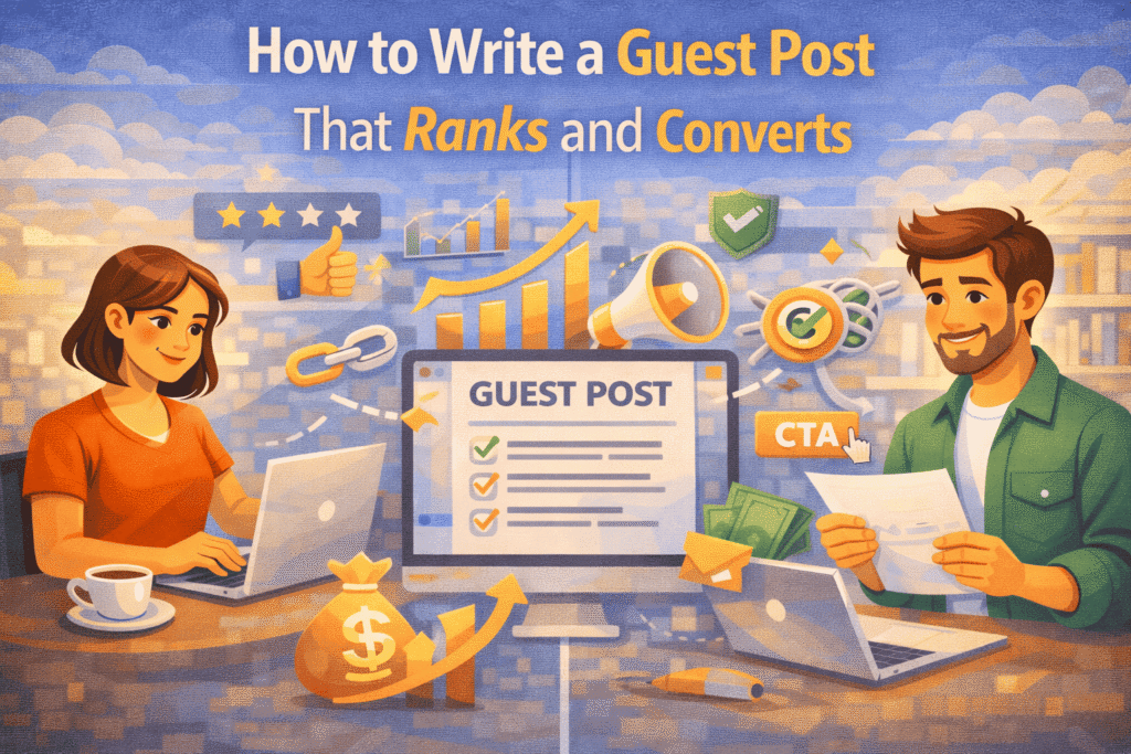 Illustration showing how to write a guest post that ranks and converts, featuring two writers working on laptops with SEO charts, backlinks, content checklist, call-to-action icons, and growth symbols in a digital marketing workspace.