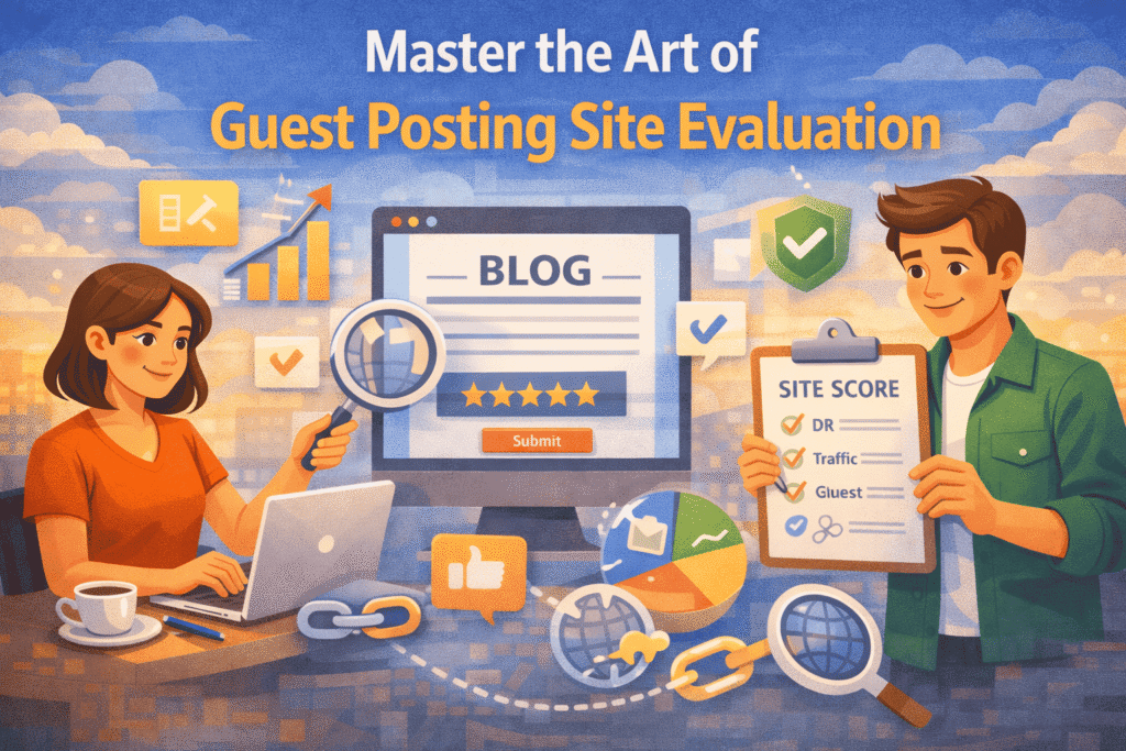 Illustration showing guest posting site evaluation, with marketers analyzing a blog using a magnifying glass and checklist, highlighting metrics like domain rating, traffic, trust, and link quality.