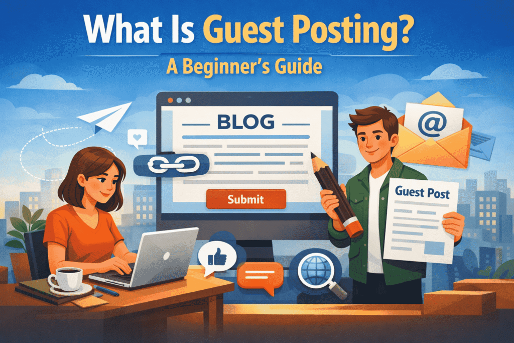 Illustration showing a blogger submitting a guest post—one person writing on a laptop, another holding a “Guest Post” document—around a blog screen with a submit button, representing a beginner’s guide to guest posting.