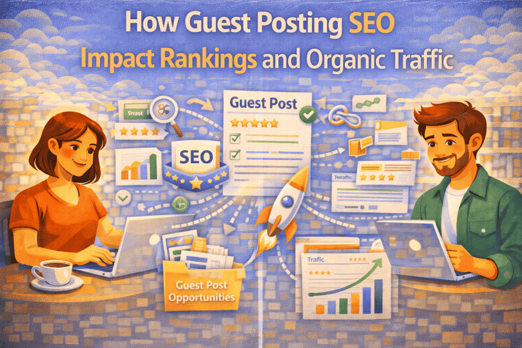 Illustration showing the impact of guest posting on SEO rankings and organic traffic, with two marketers working on laptops, a guest post document, backlinks, trust icons, growth charts, and a rocket symbolizing increased visibility and traffic growth.