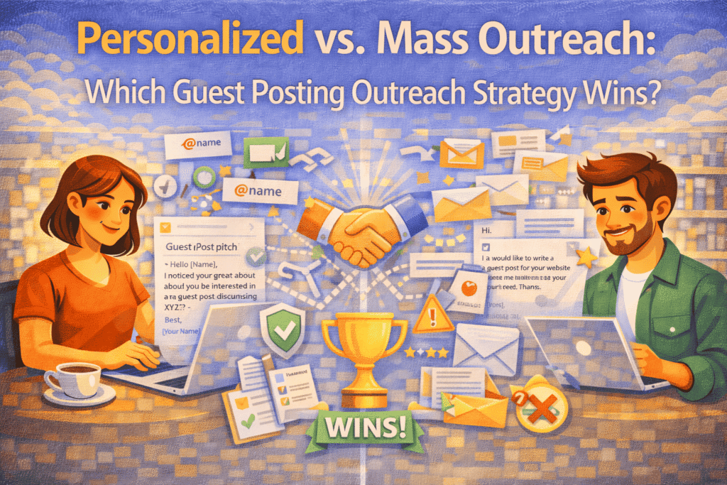 Illustration comparing personalized vs mass guest post outreach, showing one marketer using tailored email pitches and another using generic templates, with handshake, email, and success icons highlighting which outreach strategy performs better.